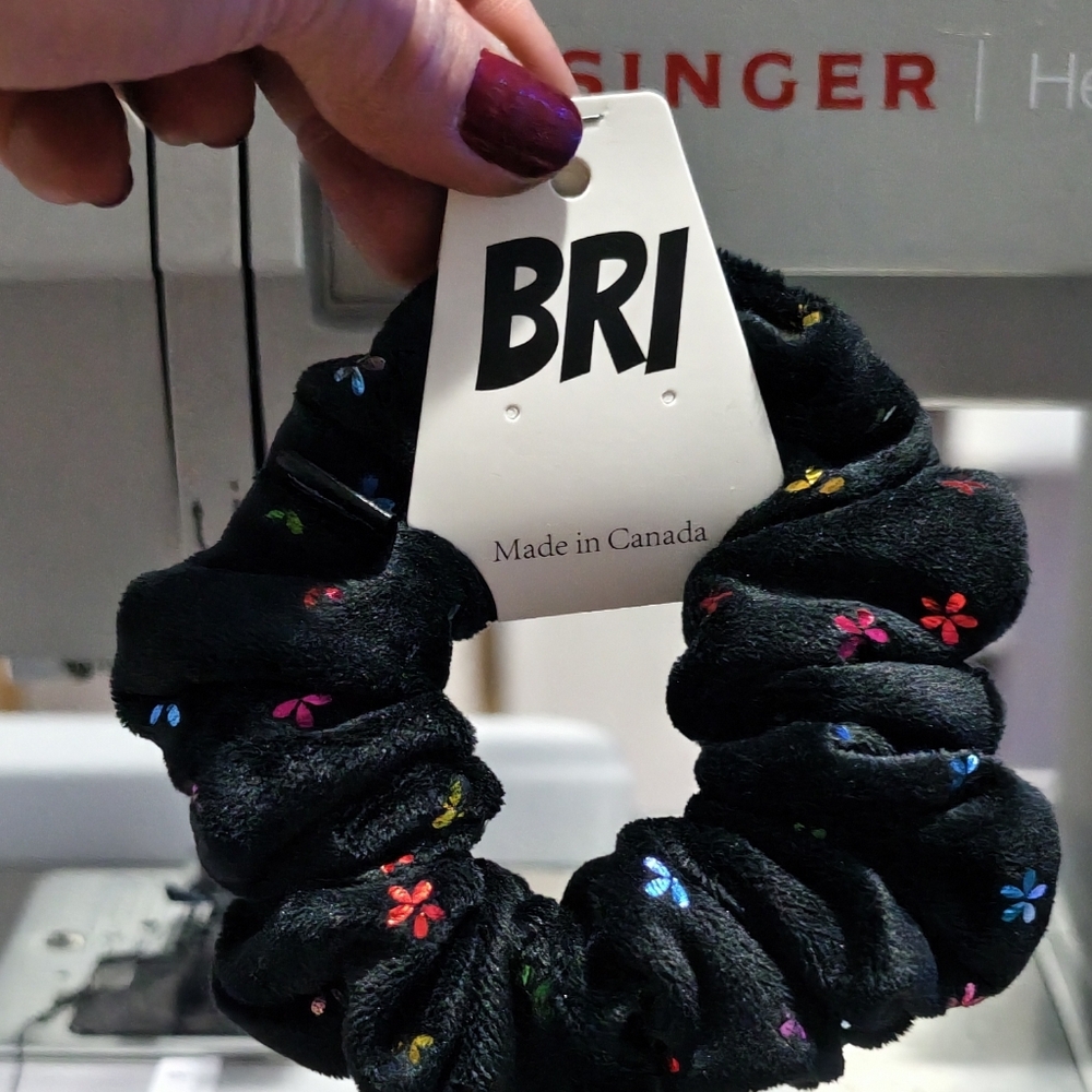 BRi Black Scrunchie with Velvet Peace & Stars Colorful Accents